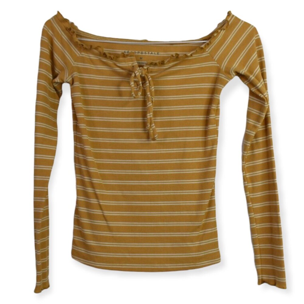 Aeropostale Top M Womens Striped Long Sleeve Off Shoulder Boho Polyester Blend